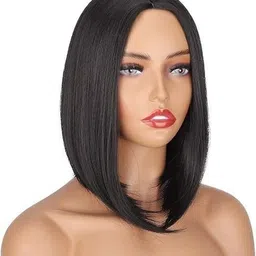 hamsri Full Head Natural Black Straight With Middle Part 14" Bob Wig-N Hair Extension image 3