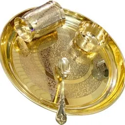 m&v craft pure Pack of 4 Brass Embossed Design THALI Set Pack of- 04 Pieces Dinner Set image 2