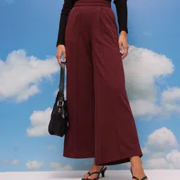 corsica Women Flared Maroon Polyester Trousers-picture-12