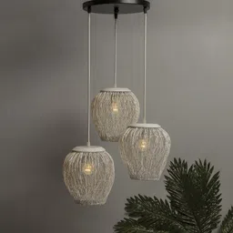 3-Lights Round Cluster Chandelier White Steel Wire Mesh Pendant, Decorative, Black, URBAN Retro, Nordic Style, LED/Filament Bulb Pendants Ceiling Lamp-image-8