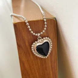 Onuyx Korean Pendant With Chain For Girls & Women/ Black Heart Pendant Chain Silver Plated Alloy Chain image 2