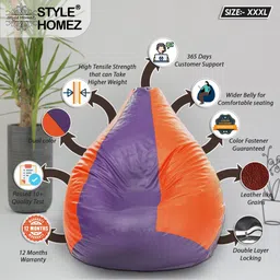 style homez XXXL Premium Leatherette Classic Purple Orange Color Teardrop Bean Bag With Bean Filling image 3