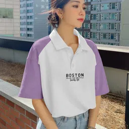 scowet Women Typography Polo Neck Cotton Blend Purple, White T-Shirt-picture-22