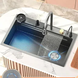 golden 24"x18"x09" Single Bowl Waterfall Kitchen Sink Honeycomb Embossed Sink with Black Nano Coating , Rectangular Workstation,Faucet with all Accessories Vessel Sink image 5