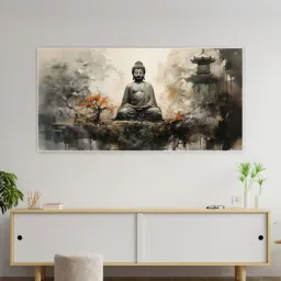 nestroots Canvas Framed Buddha in Tranquility on Rock Wall Painting-picture-31