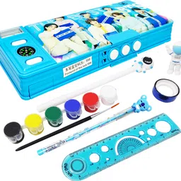 Combo Set of 7 In1 BTS Pencil Box Integrated Sharpener and Compass, Password lock Dual Compartments with All Stationery set|Return Gifts for Boy & Girls Art Plastic Pencil Box-image-28