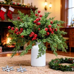 1 Set (12 Pcs Artificial Pine Branch & 4 Pcs Red Berry Stem) Flower Home Décor Green, Red Wild Flower Artificial Flower-image-72
