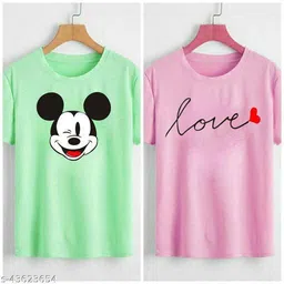 ug fashion Pack of 2 Women Printed Round Neck Cotton Blend Light Green T-Shirt image 1