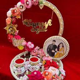 mridang Customize Engagement Ring platter with beautiful Floral work Wood Decorative Platter image 3