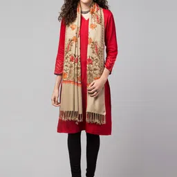 Tweedle Women Beige & Orange Floral Aari Embroidered Pure Woolen Shawl-picture-11
