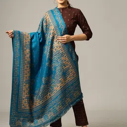 HANDICRAFT PALACE Women Turquoise Blue & Beige Woven Design Jamawar Paisley Shawl-picture-29
