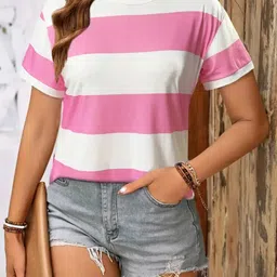 lripsome Women Striped Round Neck Cotton Blend Pink, White T-Shirt-picture-26