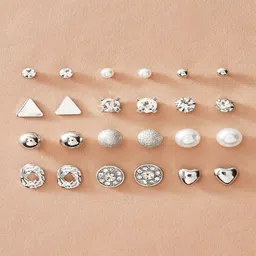 daliva Combo of 12 Pair Silver Heart Triangle Round Pearl Stud Earrings For Women/Girls Cubic Zirconia Alloy Stud Earring image 2