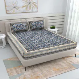 patricko Navy Traditional 220 TC Cotton Double Queen Bedsheet with 2 Pillow Covers-picture-24