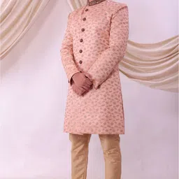 Pooja Ethnic Pooja Ethnic Men's Peach Jacquard Sherwani with Pant PE9011 Embroidered Sherwani image 2