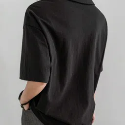 sixteenlines Women Solid Zip Neck Reversible Cotton Blend Black T-Shirt image 4