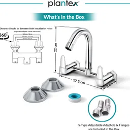 plantex Brass Bathroom Basin Mixer with Swivel Spout/Double Handle Hot & Cold Water Tap for Kitchen Sink with Brass Wall Flange & Teflon Tape (DOL-2315, Chrome) Basin Mixer Faucet image 3
