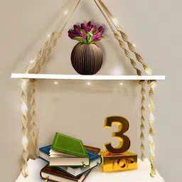 VAH Kya Bat Hai !! Brown 2 Pieces Wooded Pine Hanging Shelves with Jute Rope & LED Lights-picture-20