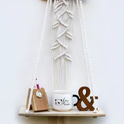 VAH Kya Bat Hai !! White & Brown Macrame Leaves Design Floating Hanging Wall Shelves-picture-18