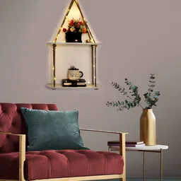 VAH Kya Bat Hai !! White & Brown Wooden 2 Layers Wall Hanging Shelves With LED Light image 3