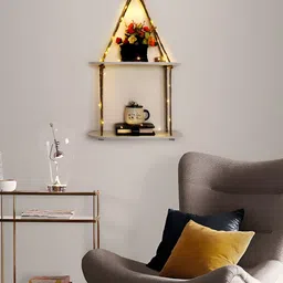 VAH Kya Bat Hai !! White & Brown Wooden 2 Layers Wall Hanging Shelves With LED Light image 5