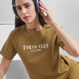 TOKYO TALKIES Women Brown Printed Boxy Crop T-Shirt-image-89