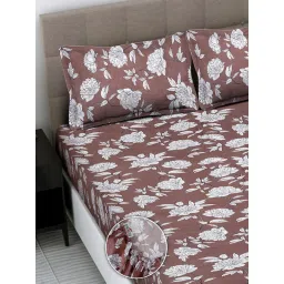 FABINALIV Brown Floral Cotton Blend King Fitted Double Bedsheet with 2 Pillow Covers image 3