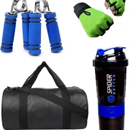 Combo Of Leatherite (Black) Gym Bag, Gloves (Green), Spider Shaker (Blue) And Hand Gripper (Blue) Fitness Accessory Kit Kit-image-46