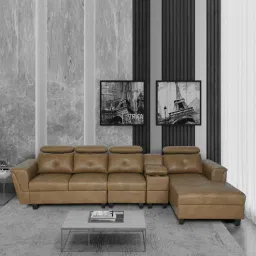 woodsworth from pepperfry Impero Leatherette LHS Sectional Sofa (3+ Lounger) in Light Brown Colour-picture-22