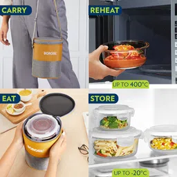 borosil Zest Borosilicate Glass Lunchbox, 3pc Square Set (400ml Each), Office Tiffin Box 3 Containers Lunch Box image 3