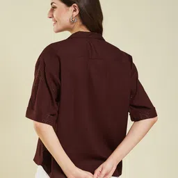 j turritopsis Women Boxy Fit Embroidered Spread Collar Casual Shirt image 2