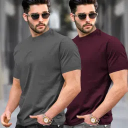 tripr Pack of 2 Men Solid Round Neck Cotton Blend Multicolor T-Shirt-picture-13