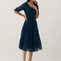 AASK Self Design Puff Sleeves Crepe Flared Fit & Flare Midi Dress image 5