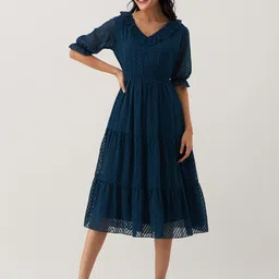 AASK Self Design Puff Sleeves Crepe Flared Fit & Flare Midi Dress image 2