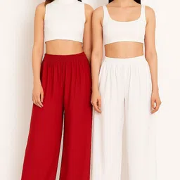 cmuniquecreation Pack of 2 Women Regular Fit Red, White Viscose Rayon Trousers-picture-23