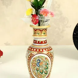 HANDICRAFTS PARADISE White & Gold Toned Peacock Printed Textured Marble Vase-image-38