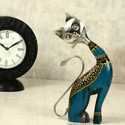 HANDICRAFTS PARADISE Blue and Silver Toned Figurine wooden Cat Handmade Showpiece-image-20