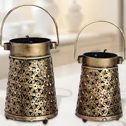 HANDICRAFTS PARADISE Gold Toned 2 Pieces Metal Curio Lantern Tea Light Showpiece-image-14