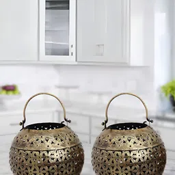 HANDICRAFTS PARADISE Gold Toned 2 Pieces Curio Metal Antique Tea Light Showpiece-image-12