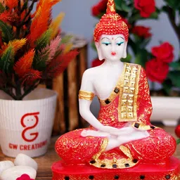 GW CREATIONS Red & White Buddha Polyresin Idol Showpiece image 4