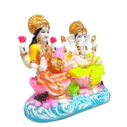 GLOOKS White &  Yellow Lakshmi Ganesha Joint Marble Dust Statue Showpiece image 4