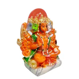 GLOOKS Orange & Green Textured Bajrangbali Polyresin Idol Showpiece image 2
