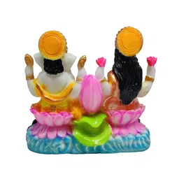 GLOOKS White &  Yellow Lakshmi Ganesha Joint Marble Dust Statue Showpiece image 2