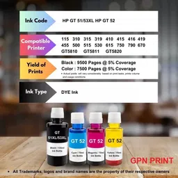GPN PRINT GT51XL/53XL and GT 52 Refill Ink for HP Inktank + Smart Tank Printer Black + Tri Color Combo Pack Ink Bottle image 2