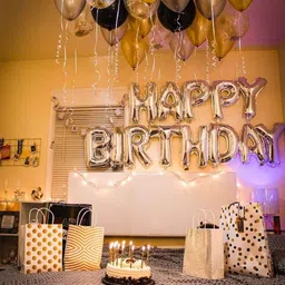 ablegate Solid Happy Birthday foil Balloon Pack (Silver)+ HD Metallic Balloon (Black & Golden) Pack of 50 for Happy Birthday Decoration Item & free Magic Candles (Set of 10) Letter Balloon-picture-25