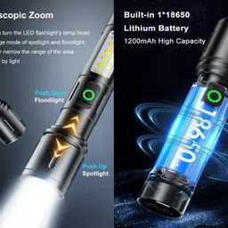 rynz Aluminium Metal Torch Light Long Range 1000 Meter 1Km Zoomable With Type-C USB 8 hrs Torch Emergency Light image 3