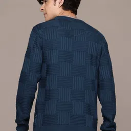 roadster Men Self Design Round Neck Blue Sweater image 5