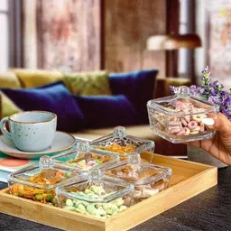 avastro Glass Candy Bowl Bowls Crafts Wholesale 1 Wooden Tray and 6 Glass Bowl and 6 Glass lid Set of 6-picture-10