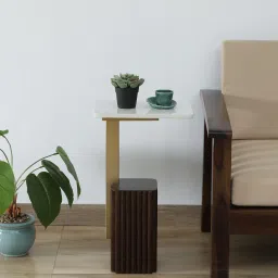 casacraft from pepperfry Larena Solid Wood End Table In White Colour & Walnut Finish With Porcelain Top image 1