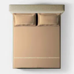 platina india Beige Solid Colour Base With Leaf Embroidery 500 Tc Cotton King Sized Double Bedsheet With 2 Pillow Covers image 2